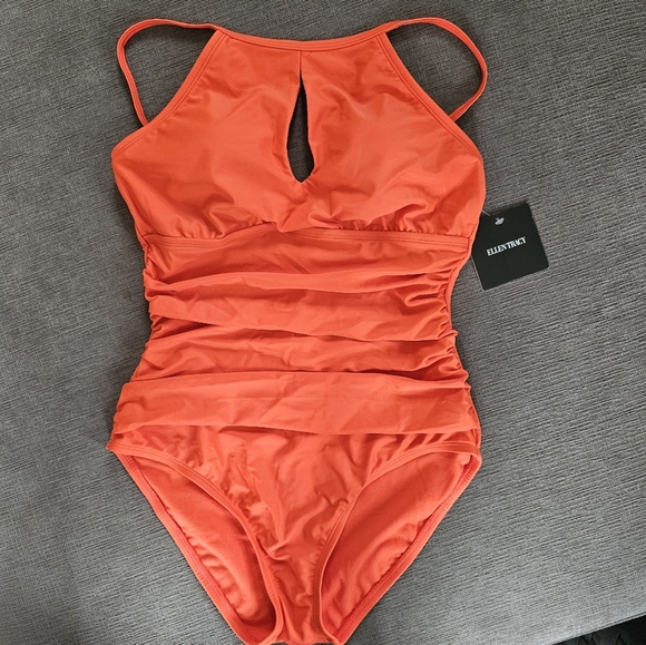 Ellen Tracy Women's High Neck Over the Shoulder One Piece keyhole Swimsuit Sz 10 - Picture 1 of 12